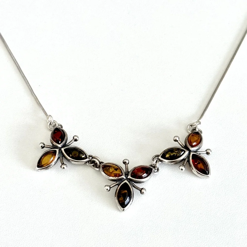 Vintage 925 Sterling Silver Natural Amber Cabochon Three Flowers Necklace 18